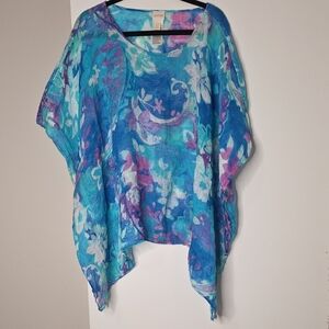 Chico's Aqua Blue Floral Sheer Scarf-Style Top